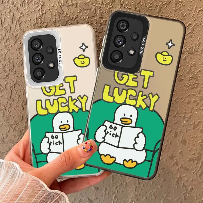 Cartoon Lucky Duck Reading For Samsung Galaxy A73 A72 A71 A56 A55 A54 A53 A52 A52S A51 A36 A35 M11 Colored Silver Phone Case