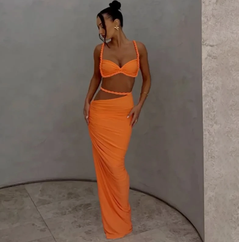 

Европейский и американский трансграничный весенний новый коллекционный сексуальный однотонный топ с открытой спиной и боди, комплект с юбкой