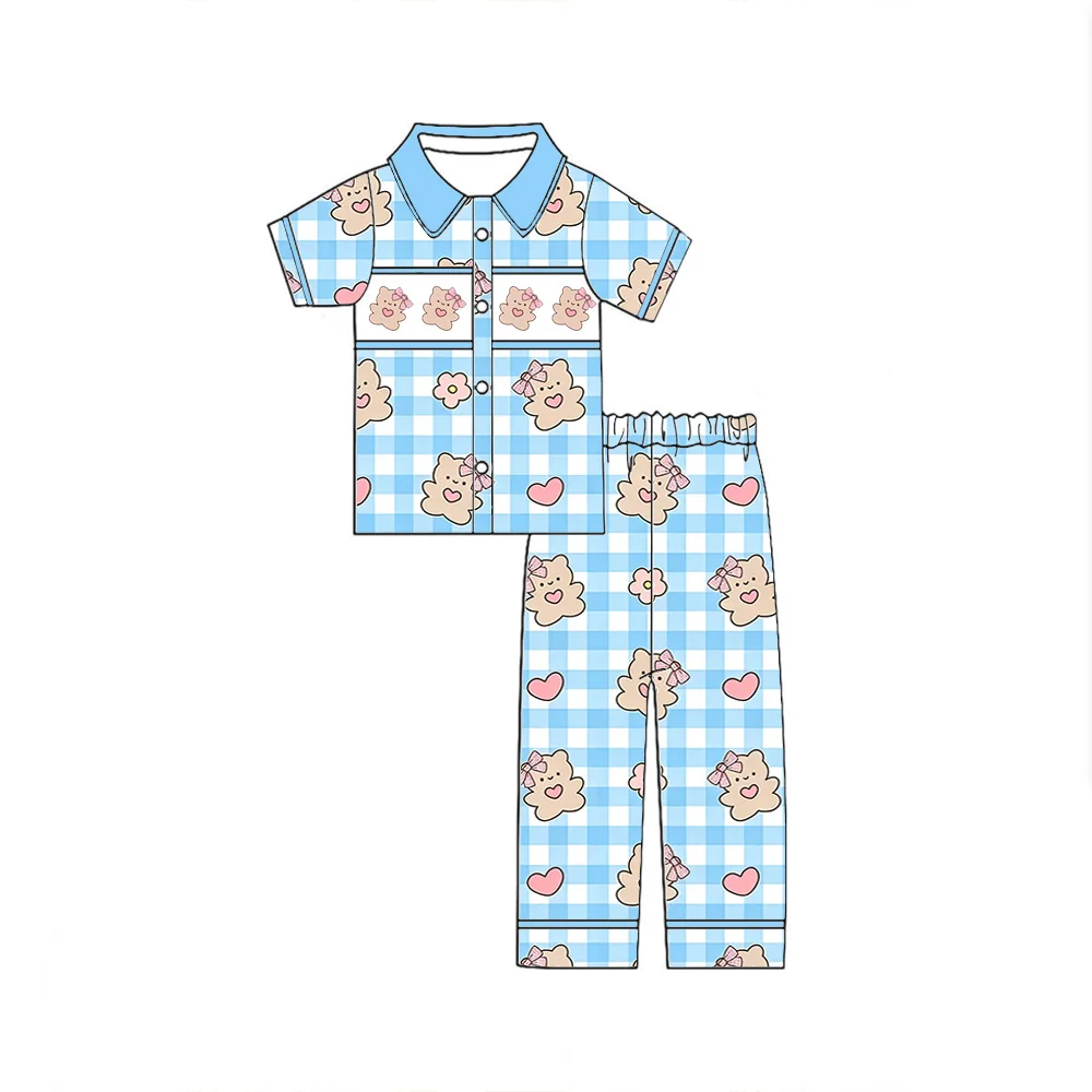 Pajama set boys and girls featuring short-sleeved top and trousers cartoon love print matching kids robes