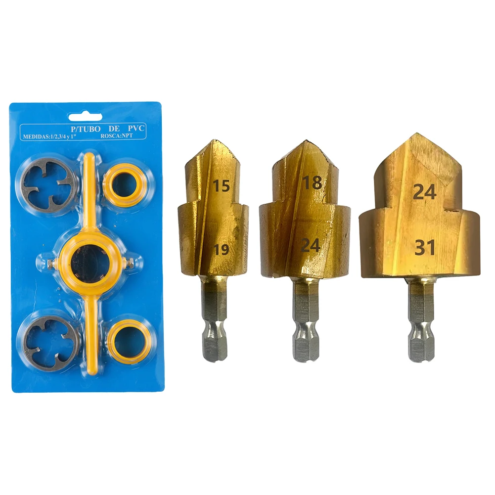 

Step Drill Bit and Thread Die Set for Thread Making Suitable for PVC Plastic and Water Pipes Sturdy and Efficient