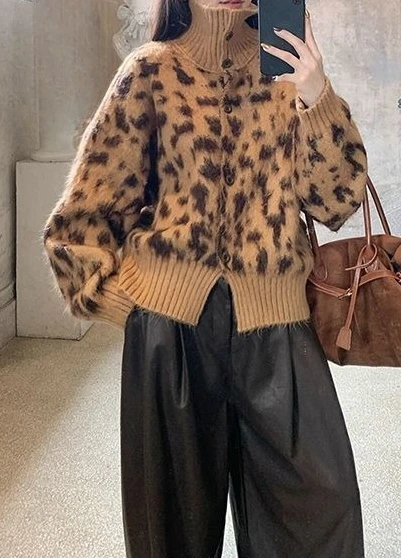 

Осень-зима 2022, новый высококачественный вязаный кардиган с леопардовым принтом и длинными рукавами, красивый свитер, куртка для женщин
