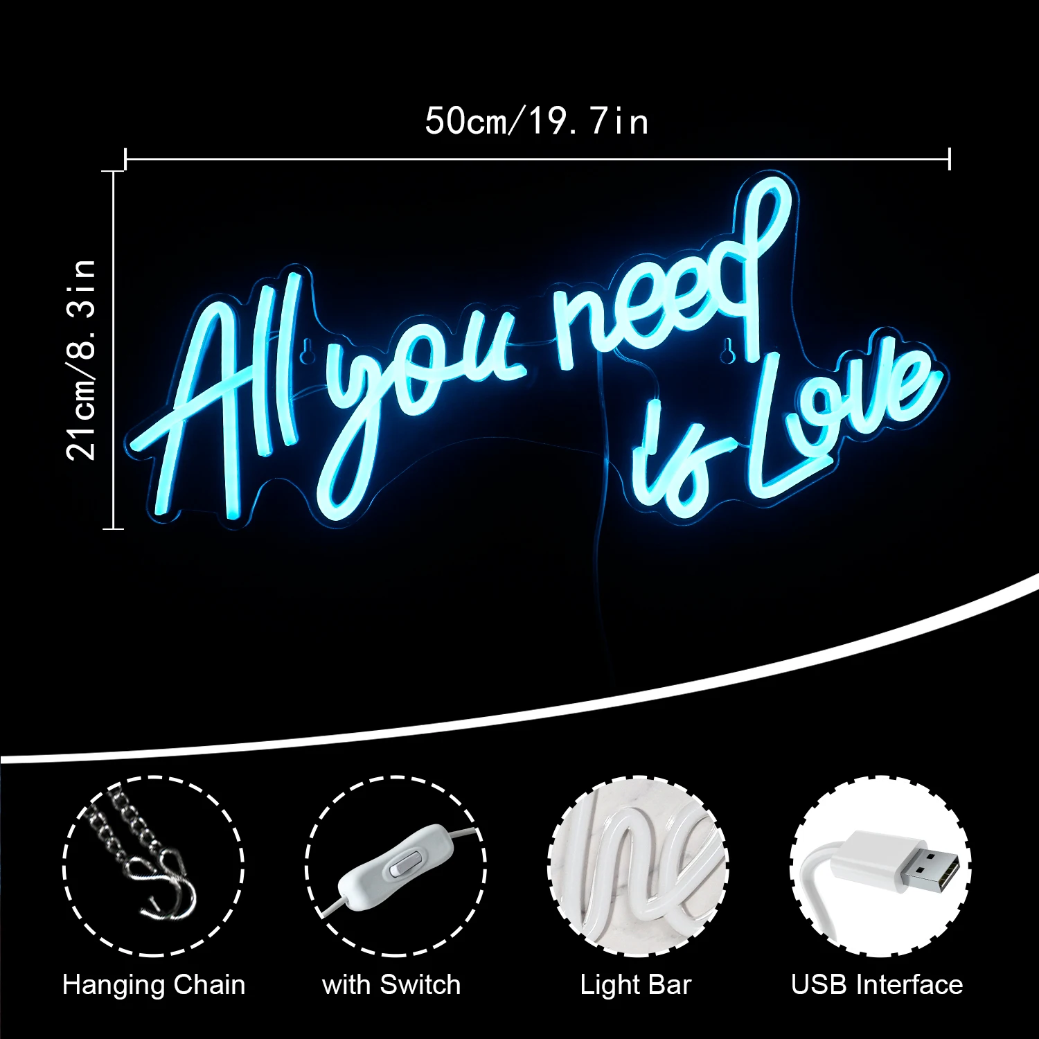 Imagem -04 - Neon Led Light Sign para Wall Decor Neon Sign Casamento Noivado Festa Bar Toda Sua Necessidade é Amor 50x21cm