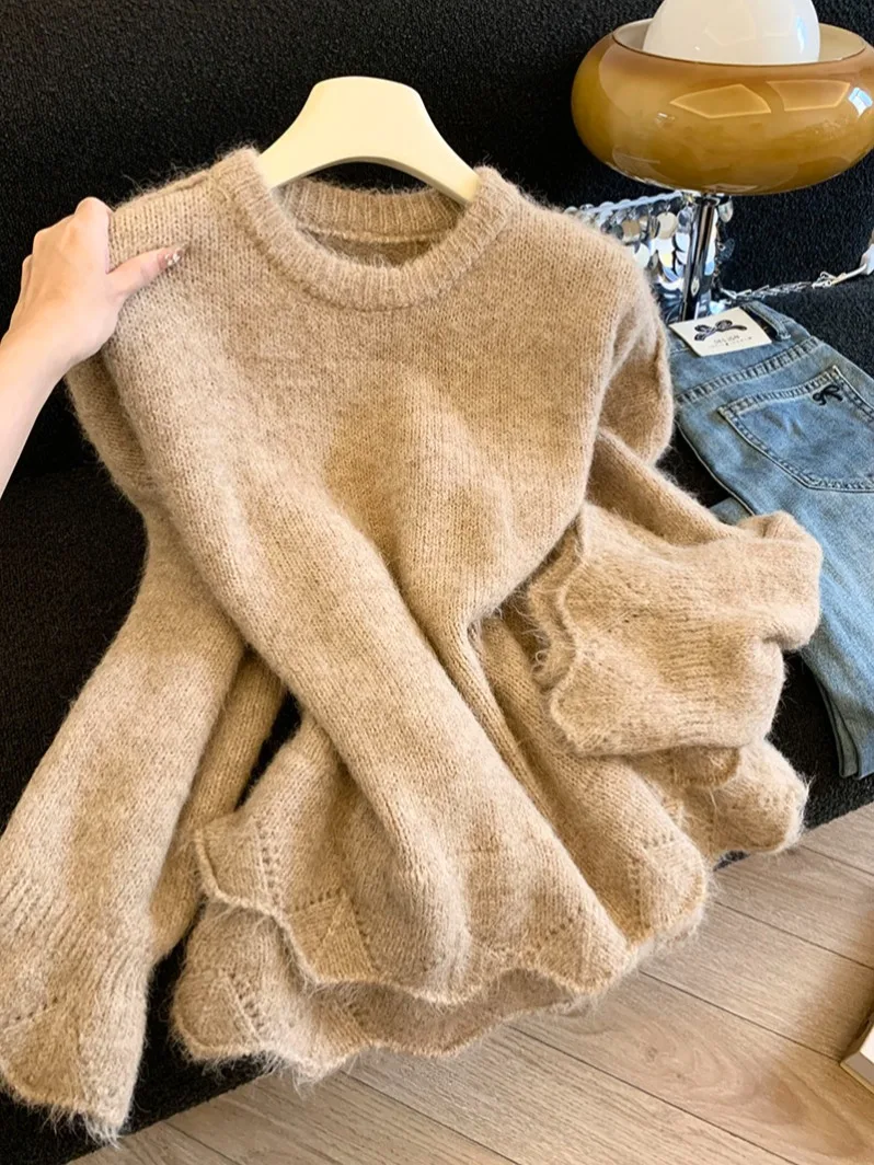 

Женский свитер Lazy Sle Round Ne Camere Long Sve, вязаный шерстяной топ, свободный крой, осень-зима, модный колокольчик