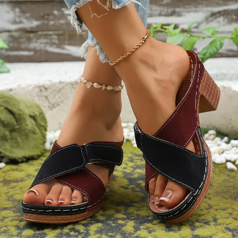 

Женские сандалии без шнуровки, модные универсальные сандалии и тапочки на высоком каблуке большого размера на блочном каблуке