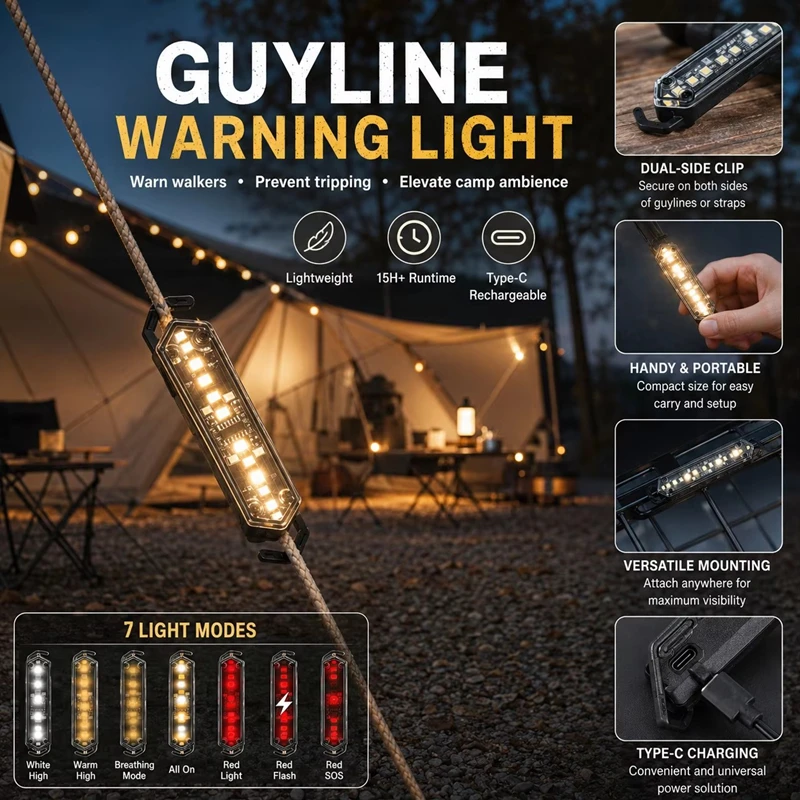 New Outdoor Camping Guyline Warning Lights Tent Rope Lamp Rechargeable Type C Hanging Safety Light For Tents Shelters Hiking