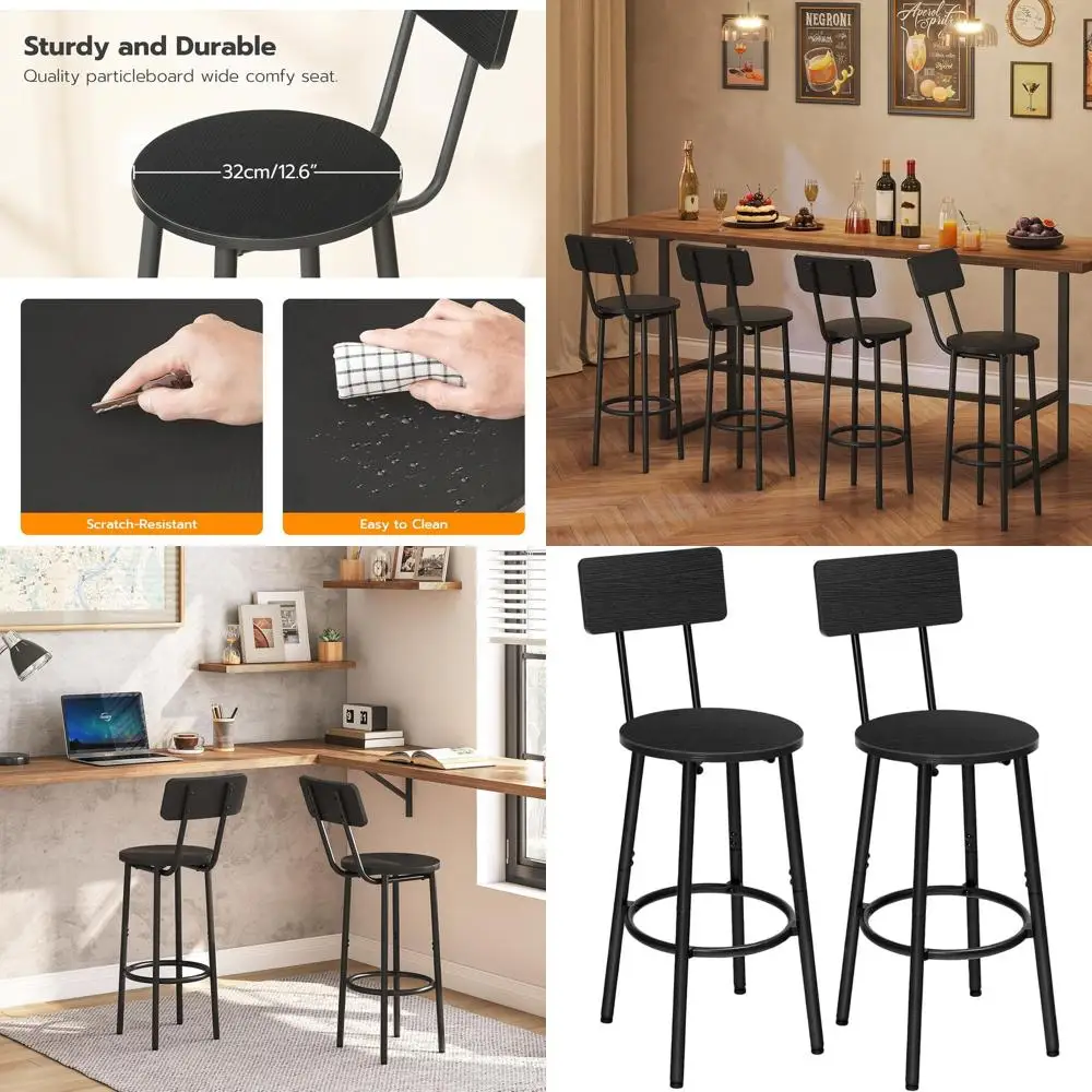 

Набор из 2-х черных круглых поворотных барных стульев со спинкой, высота 25,2, подходит для кухонного острова и столовой, простая сборка