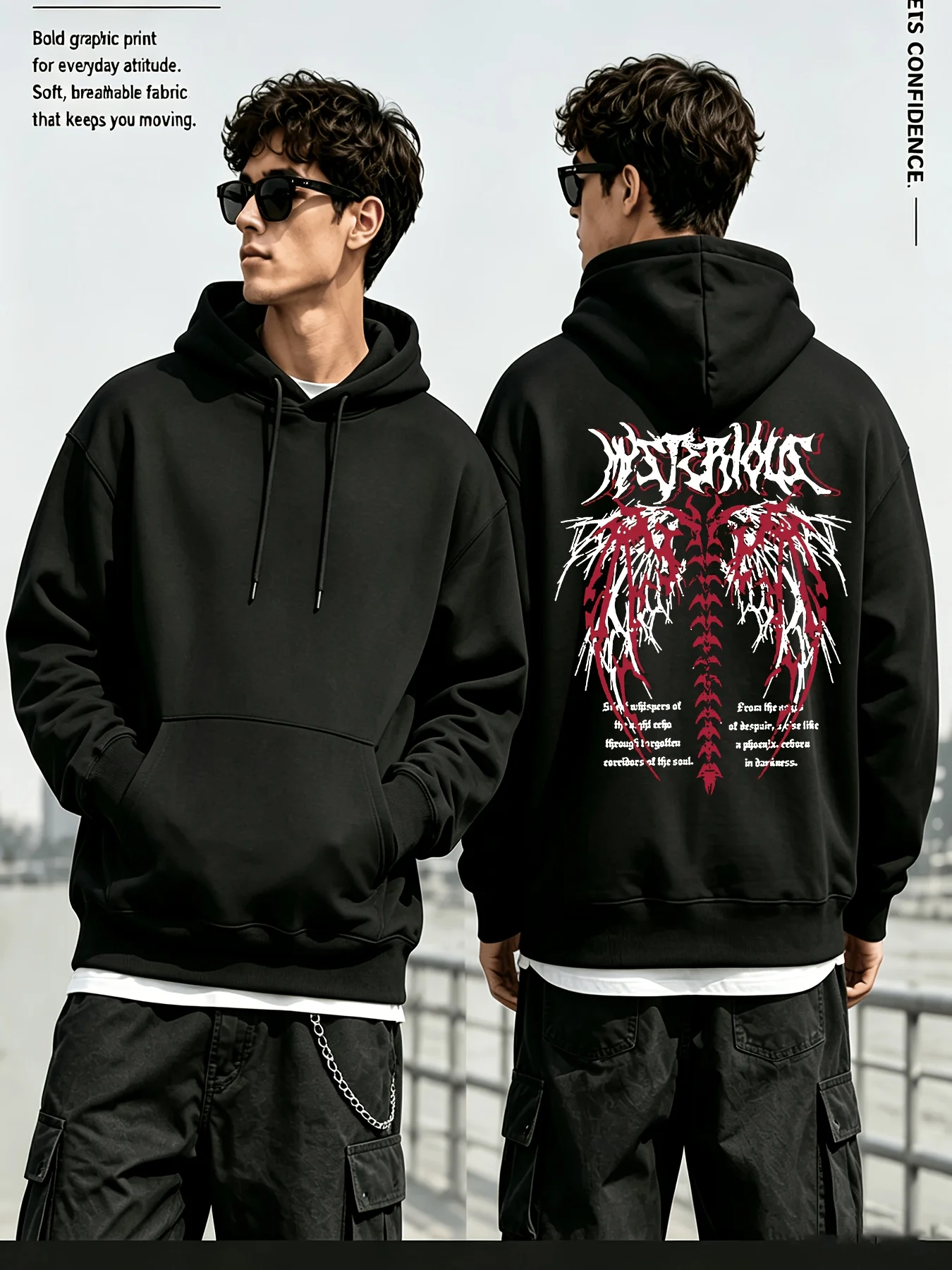 Men's Loose Hooded Sweatshirt, Extended Drawstring Shoulder Kangaroo Pocket Pullover Hoodie, Daily Casual Basic Top