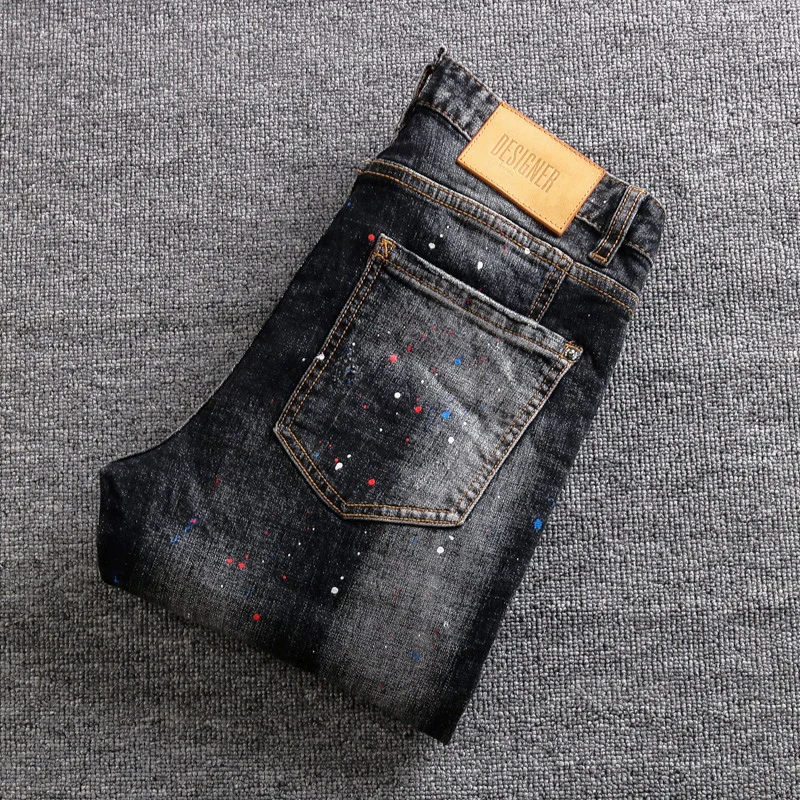 Street Fashion Men Jeans Pocket Designer Retro Black Gray Ripped Jeans Men Slim Fit Stretch Vintage Painted Denim Pants Hombre