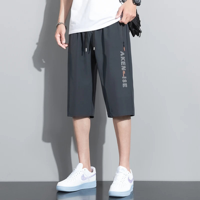 Summer Bottoms Ice Silk Pants Men Breathable Lightweight Calf-Length Short Sweatpants 3/4 Straight Loose Casual Cropped Trousers