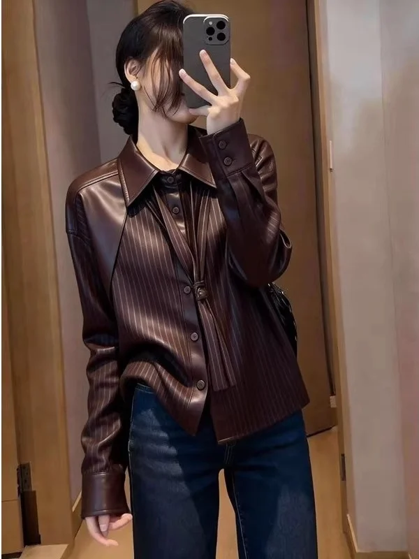 

Retro American Coffee Leather Patchwork Women's irt Spring Faion Design Unique Upper Apparel Chic irt for Young Women