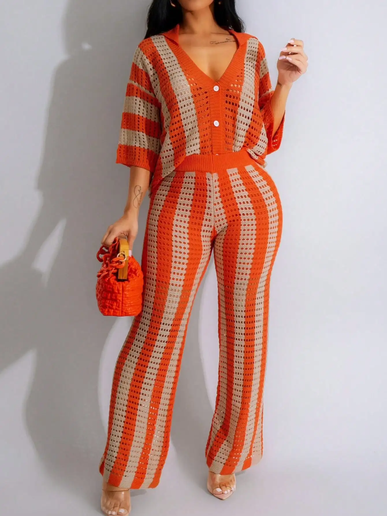 Women's Orange & Beige Striped Knitted Hollow-Out Set with V-Neck Top and Wide-Leg Pants