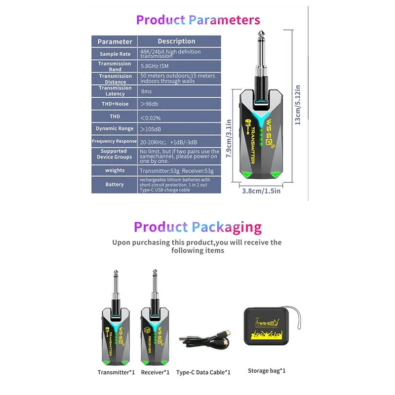 

A74K-Cordless Guitar Jacks Lead Wireless Guitar Receiver 5.8Ghz Guitar Wireless System