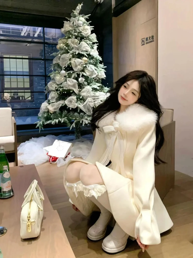 Kerst Lolita Kawaii Lange Mouw Lange Mix Vrouwen Casual Pure Kleur Jas Zoete Anime Knop Patchwork Strikken 2025, Herfst