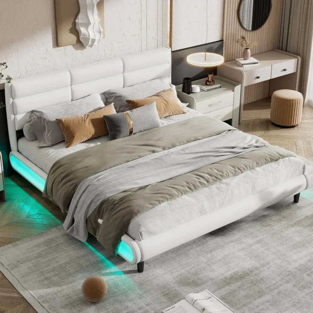 King gestoffeerd platformbed met LED-lichtstrips, bedframe met hoofdeinde en lattenbodem, geen boxspring nodig, bedframe