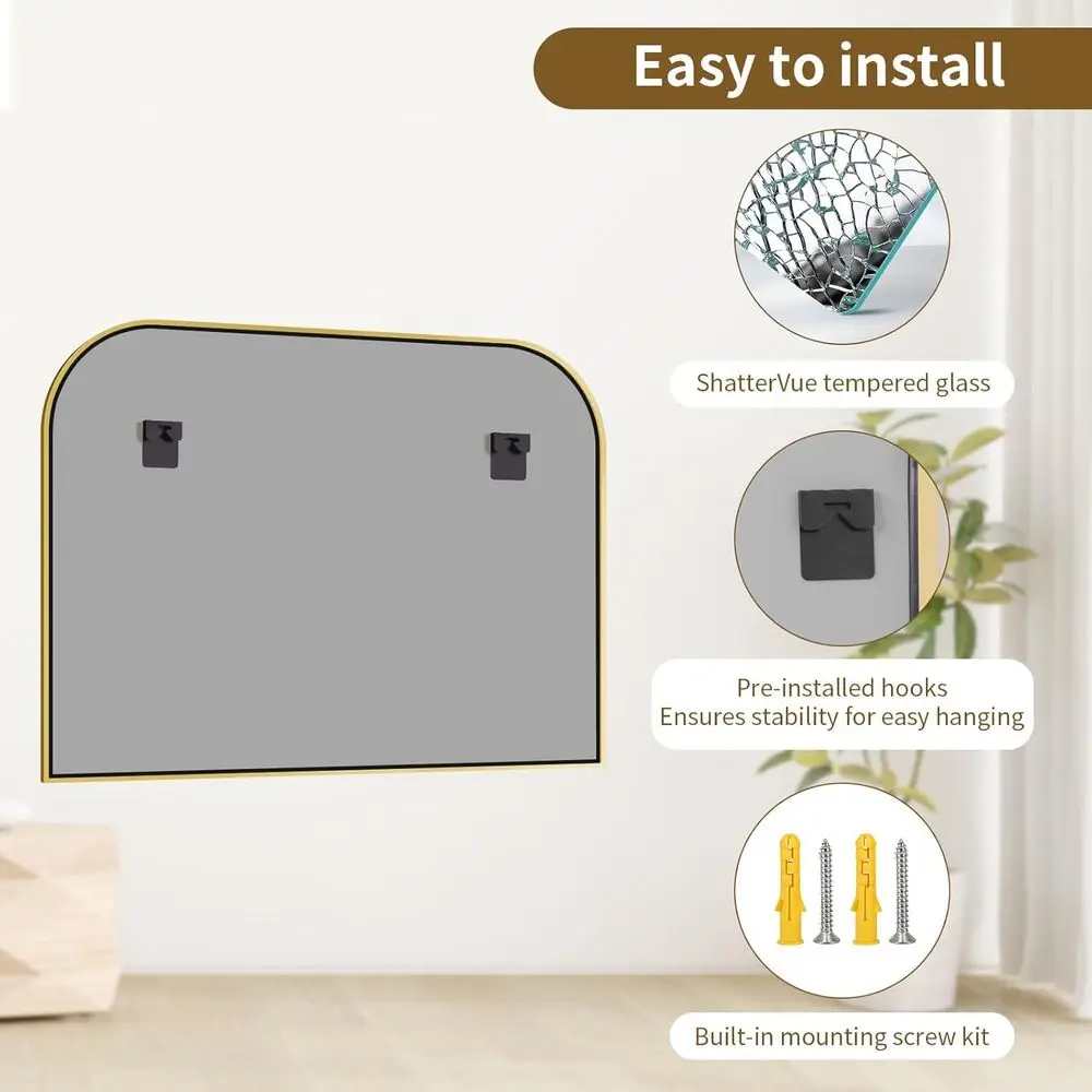 Espelho de banheiro superior curvo 38x30 com moldura larga, moldura de alumínio, adequado para sala de estar, quarto e entrada