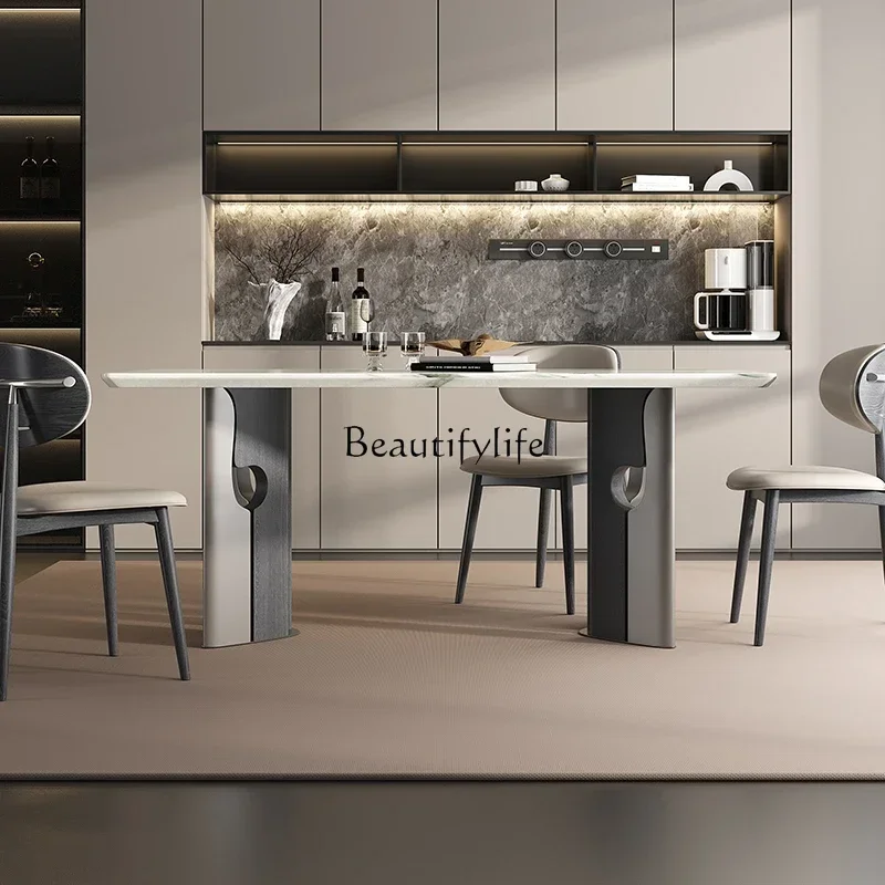 

01 Italian marble dining table Modern minimalist designer villa solid wood high-end luxury stone dining table