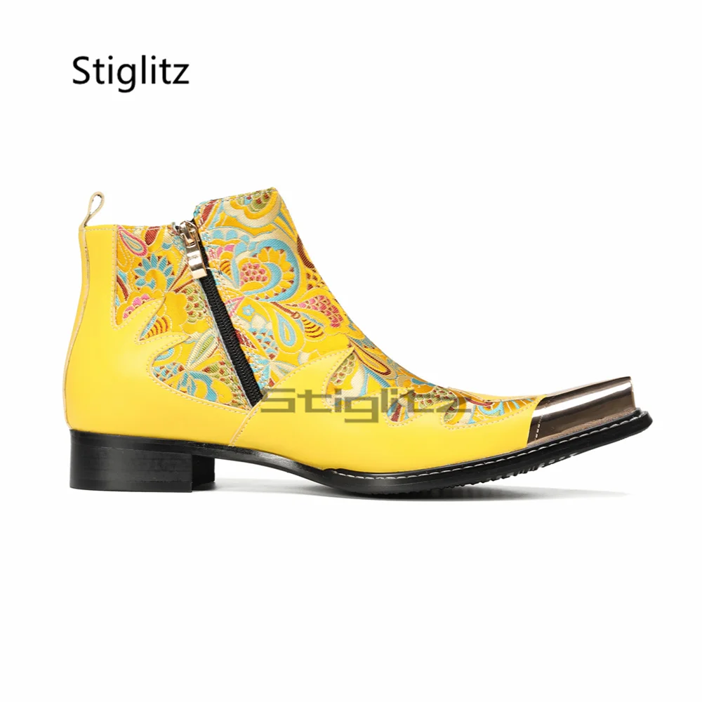 Yellow Embroidery Chelsea Boots for Men Genuine Leather Metal Pointed Toe Zipper Ankle Boots Low Heel Party Dress Male Shoes