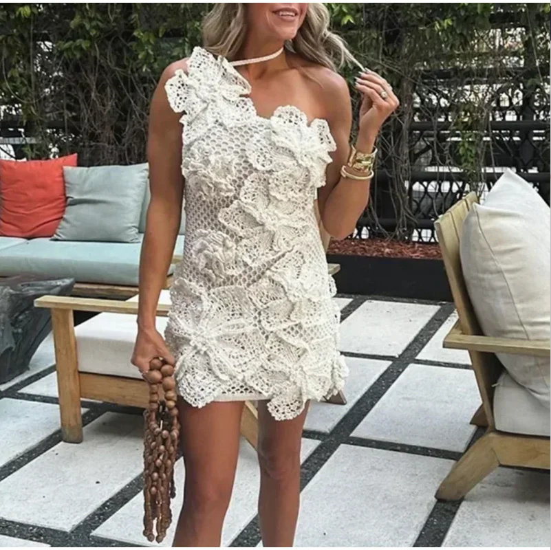 

Elegant 3D Flower Halter Backless Crochet Dress Sexy Tie Back White Cotton Knitted Eyelet Lace Up Mini Dress Women Luxury Chic