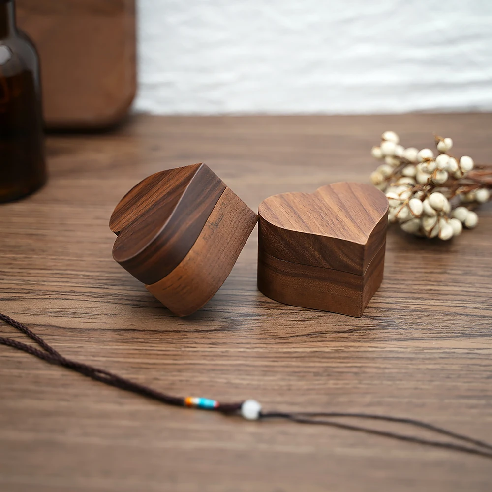 Caja de anillos para ceremonia de boda, joyero de madera de nogal Vintage, almacenamiento de anillos de compromiso, propuesta, soporte portátil, boda rústica