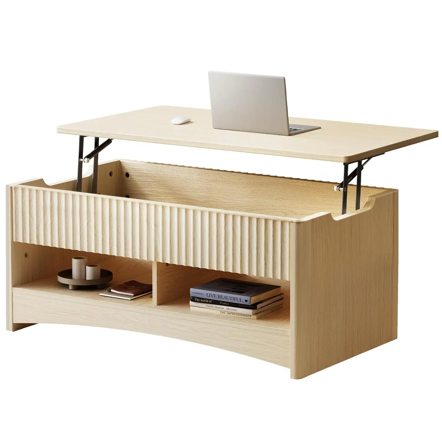 

Журнальный столик-трансформер с откидной столешницей и открытым/скрытым хранением, современный рифленый журнальный столик с плавным подъемным механизмом, прочный, на заказ