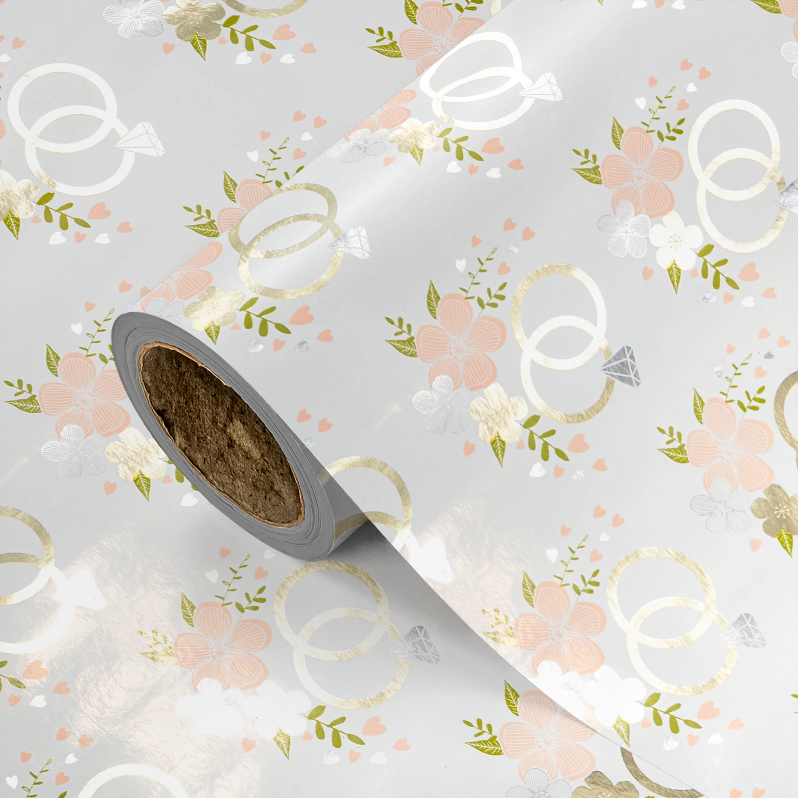 1 Roll of Gray Gold Ring Gift Wrapping Paper, Metallic Gold Wedding Ring and Floral Gift Wrapping Roll, for Engagement, Wedding, Bridal Shower, DIY Craft Decoration, 43.2cm X 300cm (17inch X 9.84 Feet)