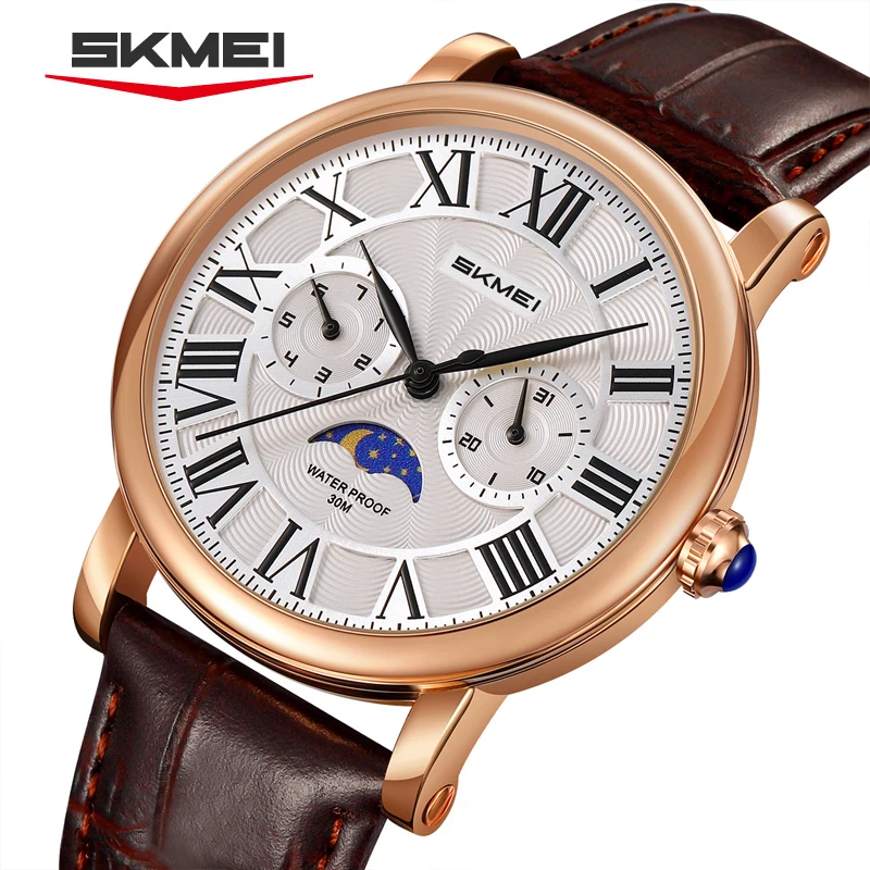 SKMEI 9438 Modische Herren-Quarzuhr mit Wochen- und Datumsanzeige, Business-Armbanduhr mit Mondphase und Multifunktions-Lederarmband für Männer