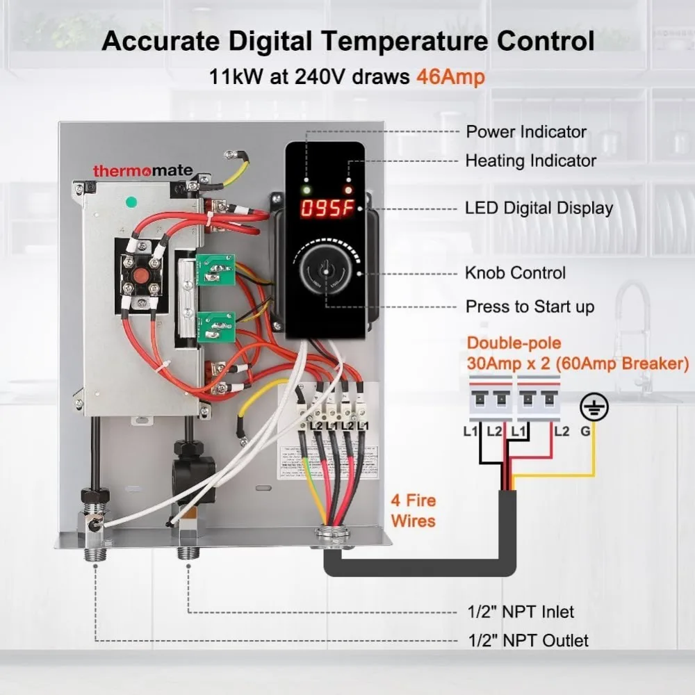 Calentador de agua eléctrico sin tanque, 11kW a 240 voltios, bajo demanda, instantáneo, energía automodulante