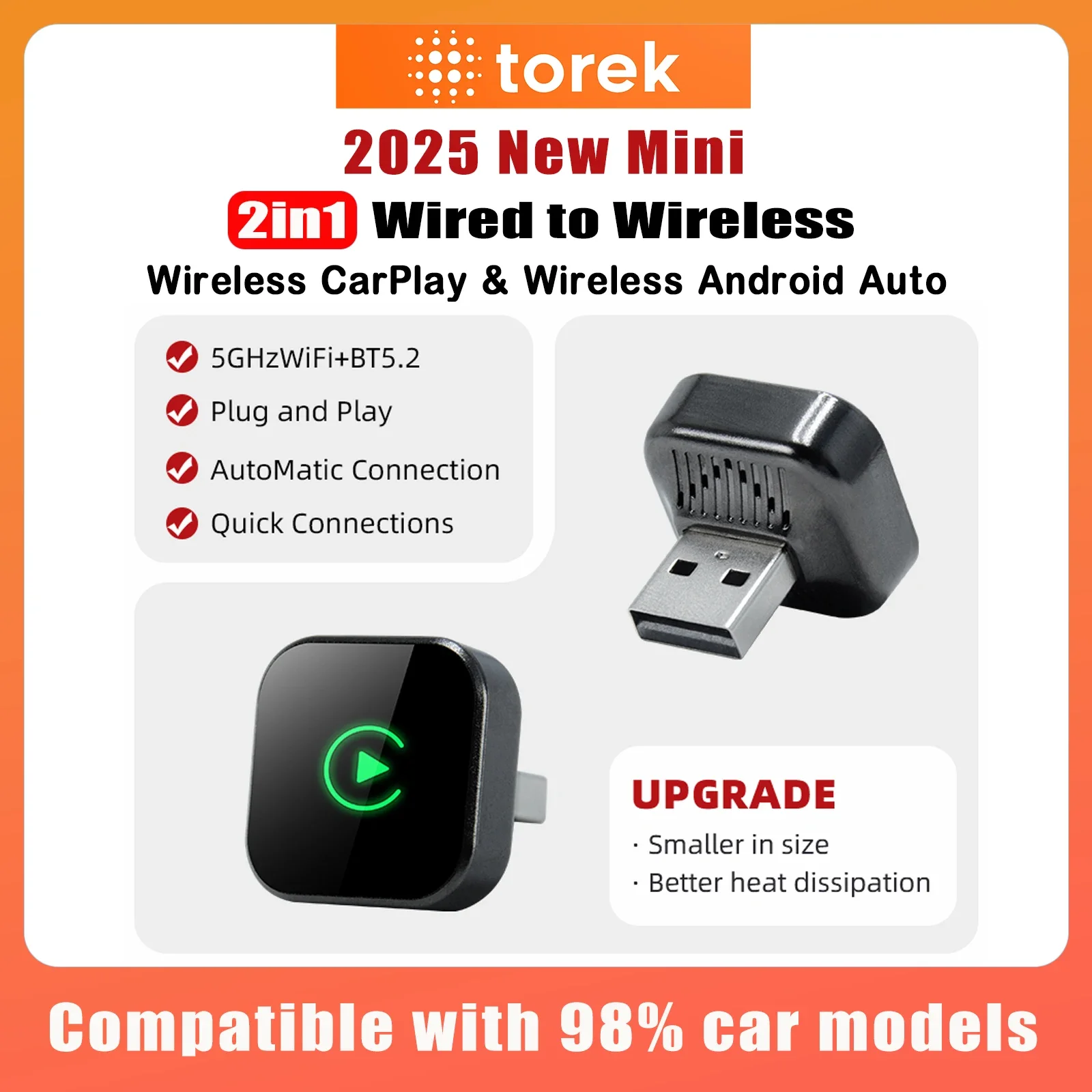 

Мини-адаптер Torek 2in1 Mini Wireless CarPlay и Android Auto, компактный размер, низкая задержка, Wi-Fi 5,8 ГГц, Plug & Play для проводов