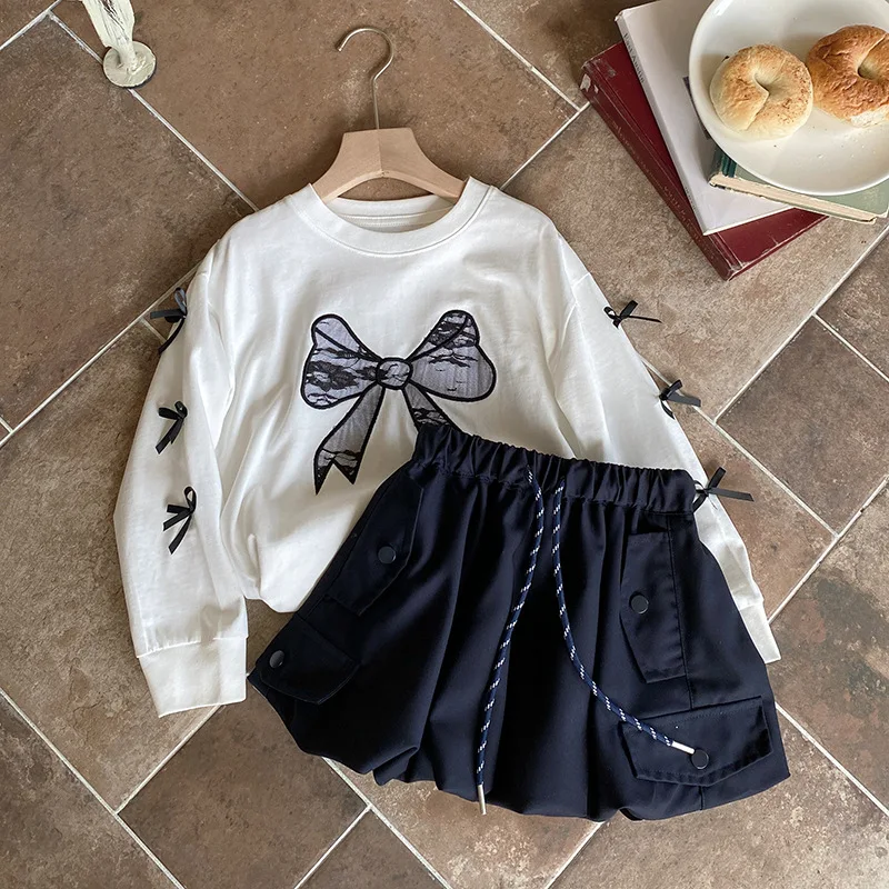 3-12Y Kids Girl Spring 2PCS Clothes Set Loose Bow Print 3D Long Sleeve T-shirts Outfit Solid Flower Bud Skirts Junior Girls Suit