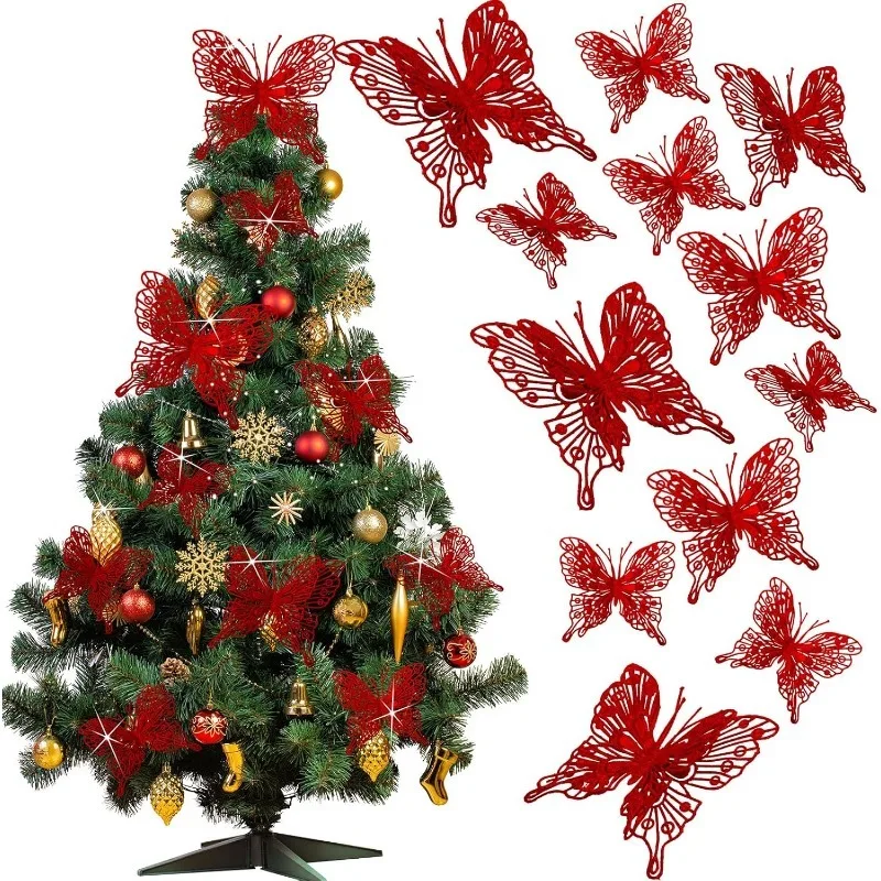 5/10 Stück glitzernde Schmetterlinge, Weihnachtsdekoration, Weihnachtsbaum, funkelnde Schmetterlinge, hängende Ornamente, Heimdekoration, Neujahr 2025, Geschenk – Detail 10