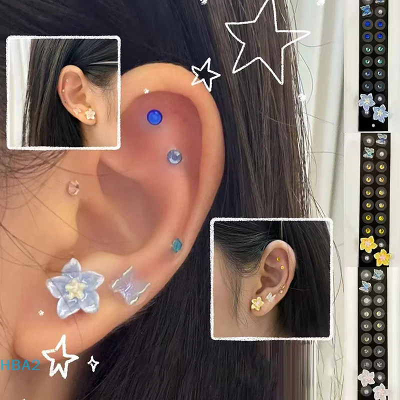 【H】20 Patches Butterfly Flower Shape Crystal Ear Seed Acupuncture Auricular Disposable Ear Stickers Massage Therapy Needle Patch
