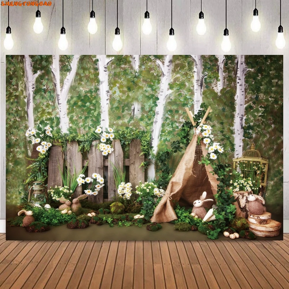 Happy Easter Photography Backdrop Bunny Wooden Board Floor Flower Eggs Rabbit Easter Party Baby Portrait Background Photo Props