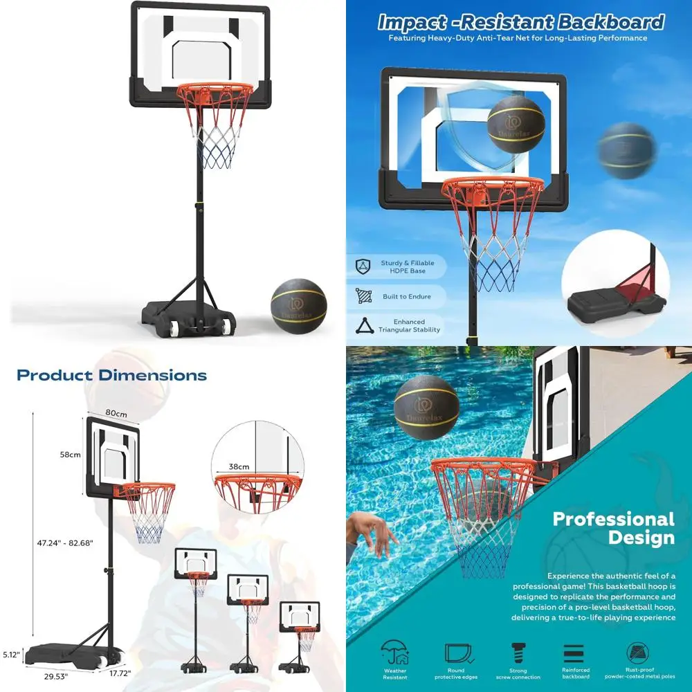 

Adjustable Height Basketball Hoop 3.9 to 6.9 Feet, Black PE Frame, Water Base, Air Pump Included, 8-Inch Rubber Ball, Suitable f