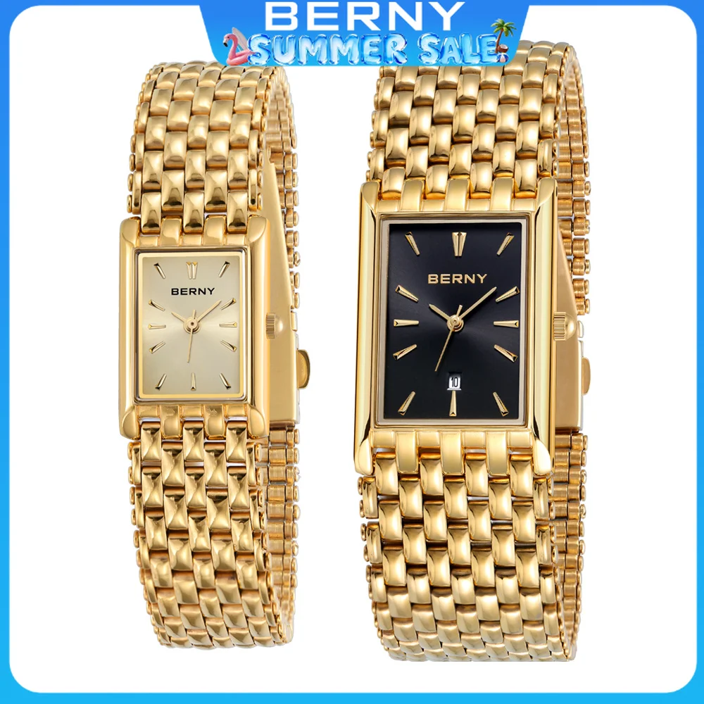 

BERNY Gold Watch for Couple Luxury Women/Men Wristwatch Waterproof Golden Clock Quartz Stainless Steel Fashion Men Ladies Watch