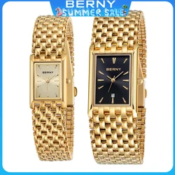 BERNY Gold Watch for Couple Luxury Women/Men Wristwatch Waterproof Golden Clock Quartz Stainless Steel Fashion Men Ladies Watch