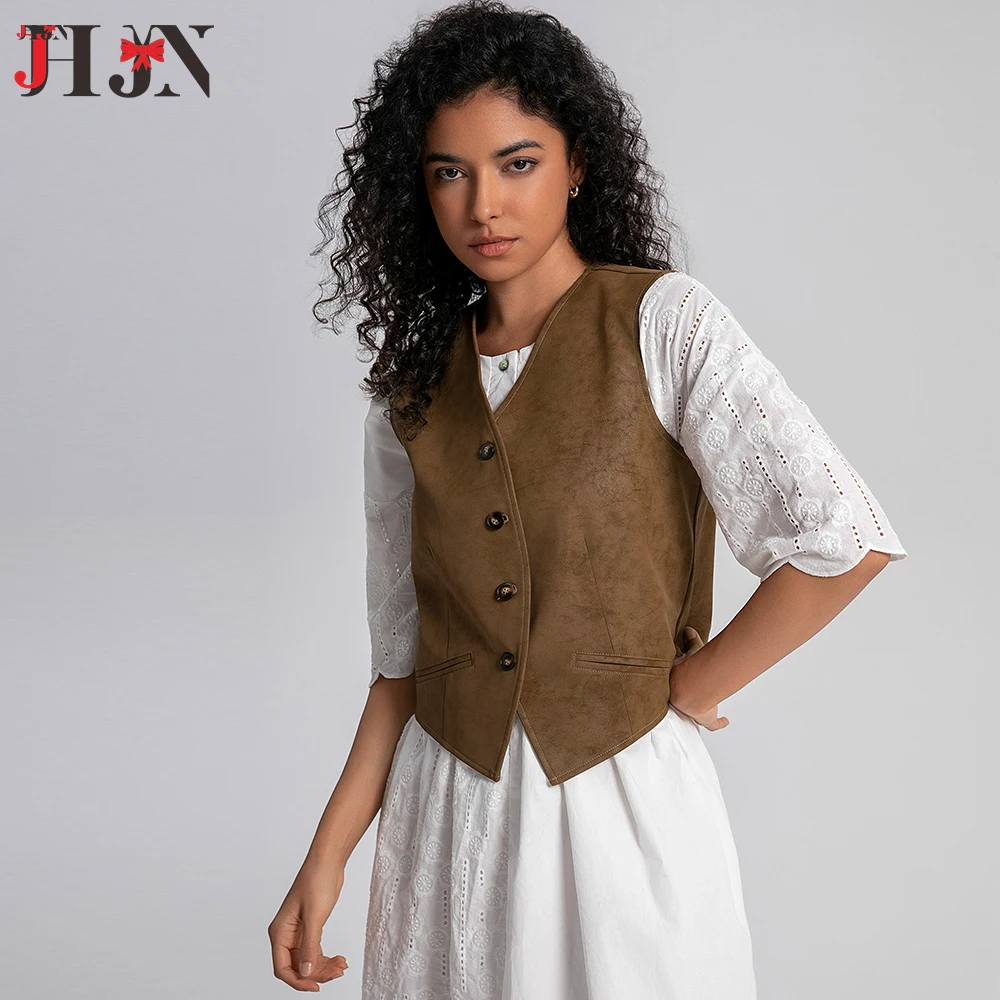 JHJN Coffee Woman Vest Single-Breasted V-Neck Tops Suede Irregular Hem Waistcoat Slim Fit Brown Sleeveless Casual New Tank Tops