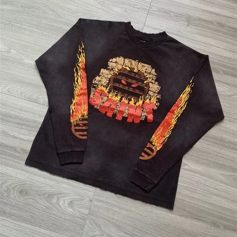 25SS القطن الخالص سانت مايكل لهب نمط هوديس الرجال النساء 1:1 غسلها أسود بأكمام طويلة تي شيرت