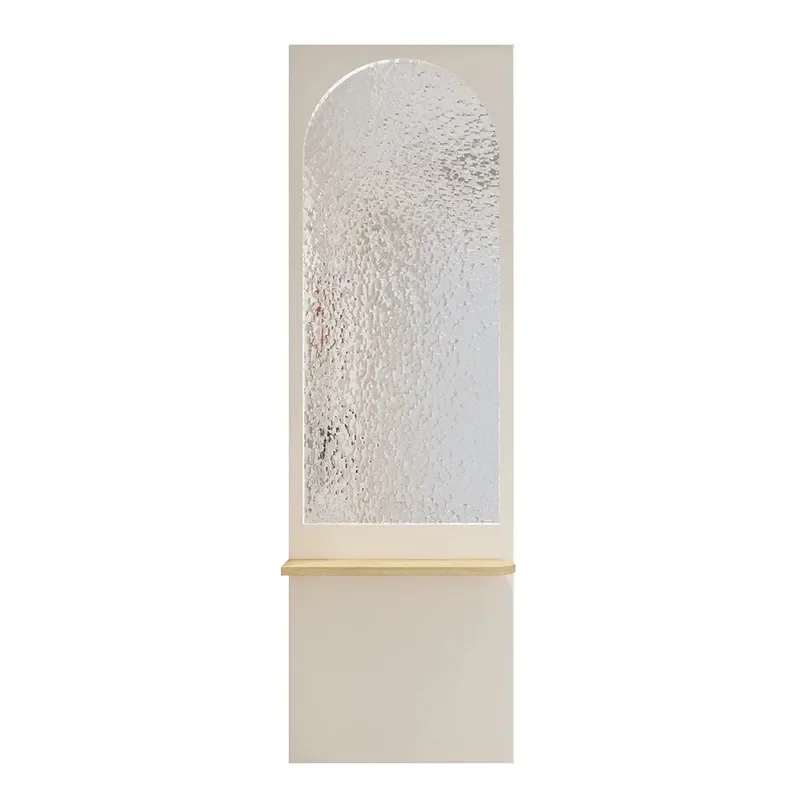 French Cream Solid Wood Partition with Fluted Glass Screen for Living Room Entryway Bedroom Washbasin Area Divider