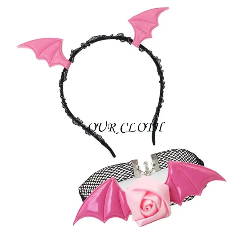 Devil Bat Bandband Flower Lace Choker Halloween Cosplay Party Party Accessoires Adultes Femmes Men Halloween Ensemble Y1ac