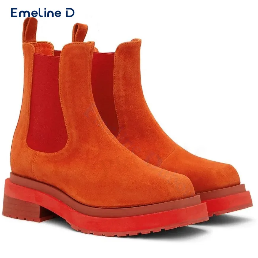 Orange Frosted Suede Boots Round Toe Thick Sole Pull-On Elastic and Calf Boots Fashionable Personality Large Size Men's Shoes