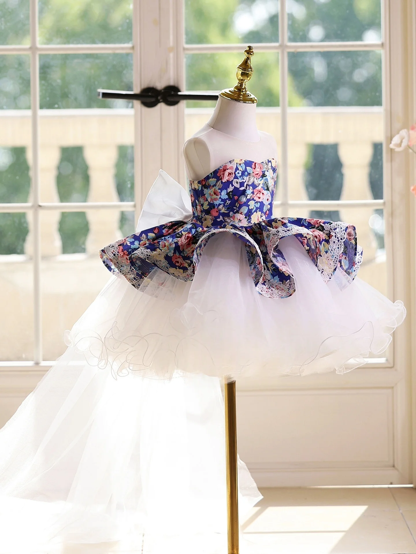 Custom Flower Girl Dress Wedding Party Pageant Catwalk Floral Print Blue White Tulle Baby Dress فساتين اطفال