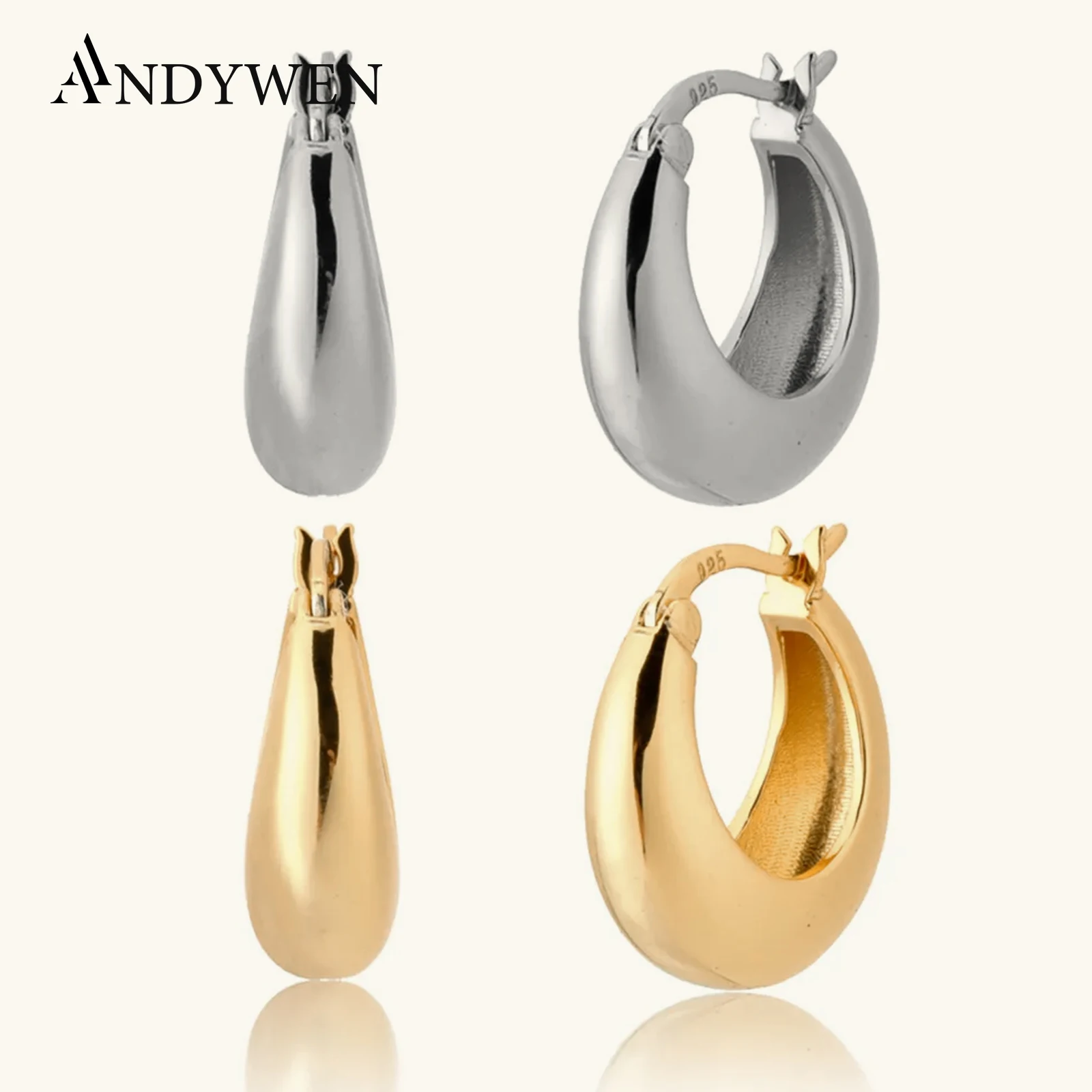 

ANDYWEN 925 Sterling Silver 12mm Ovals Hoops Gold Huggies Luxury 2020 Rock Punk Party PiercingWomen Fashion Jewelry Pendiente