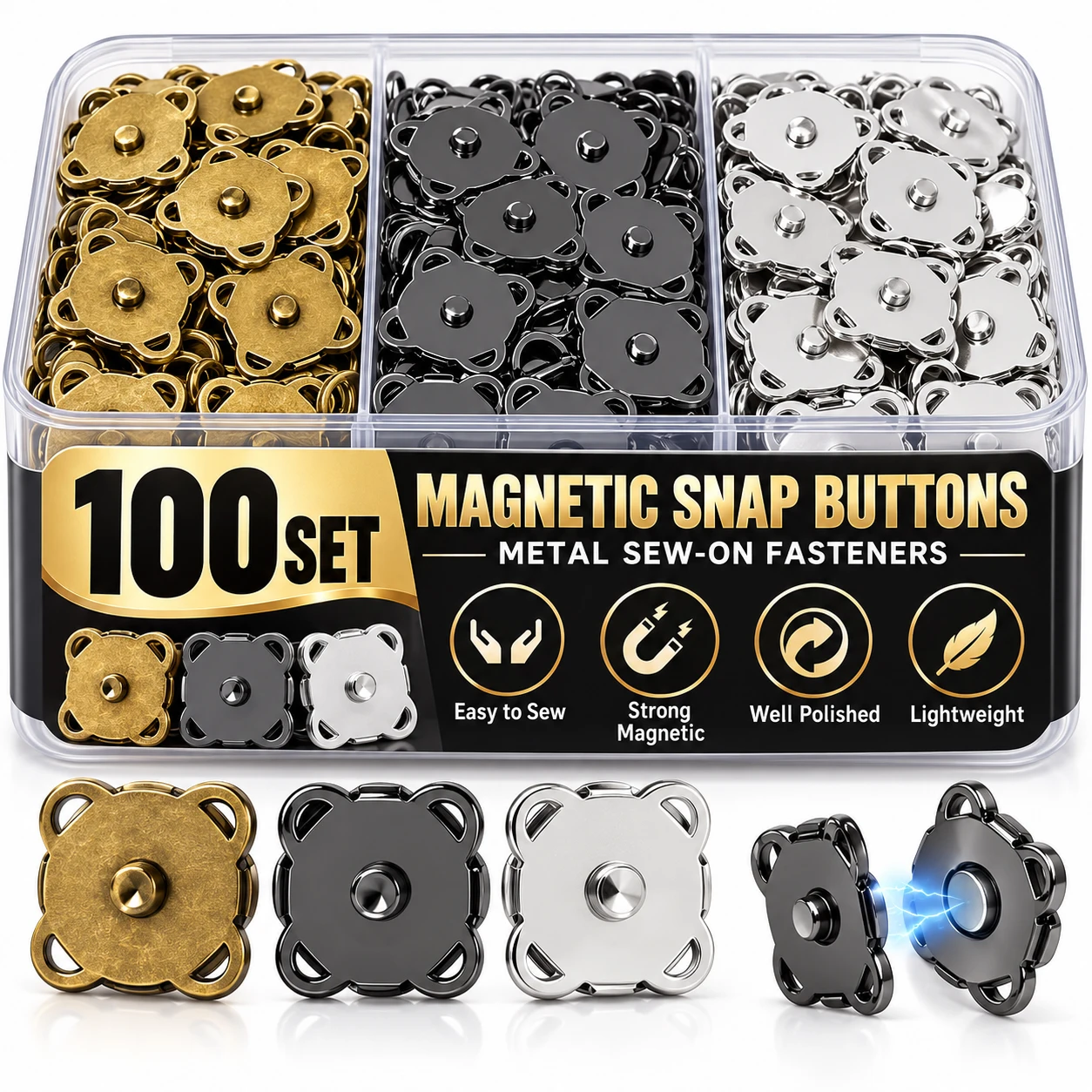100Set Metal Magnetic Snap Fasteners Clasps Buttons for Handbag Purse Wallet Clothes Bag DIY Craft Sewing Accessories
