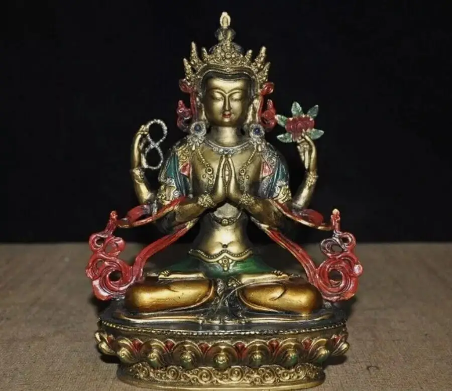 

7.8" Tibetan bronze Gilt painted 4 arms Kwan-Yin Tara goddess Buddha statue