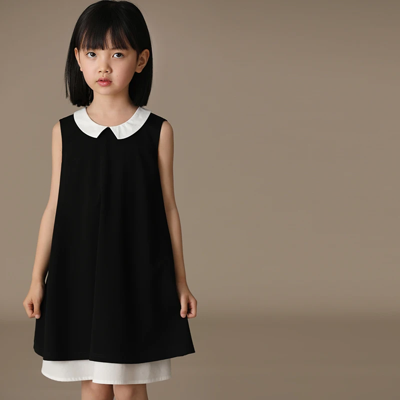 Kids Clothes Girl Summer Dress Sundress New Fake Two-piece Classic Contrast Color Lapel Little Black Dress Sleeveless Vest Skirt