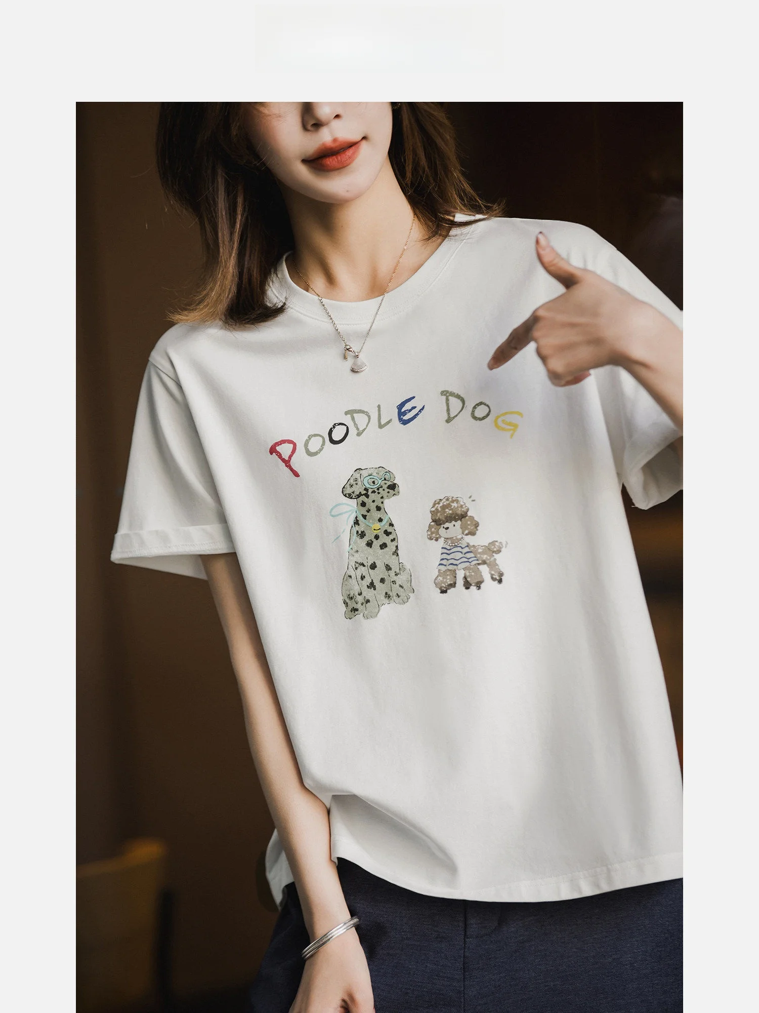 

Милая женская футболка с коротким рукавом и принтом собачки, круглый вырез, летний новый стиль, хлопок, прямой крой, удобная посадка, модный тренд