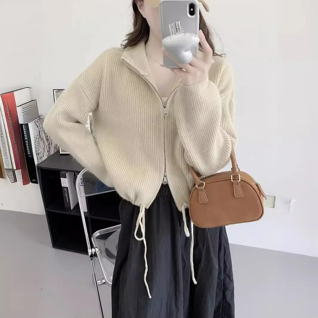 Cardigan Long Sleeve Turn Down Collar Sweaters Zipper Knitted Jumper Solid Loose Fit Draw String Casual Autumn 2024 Spliced