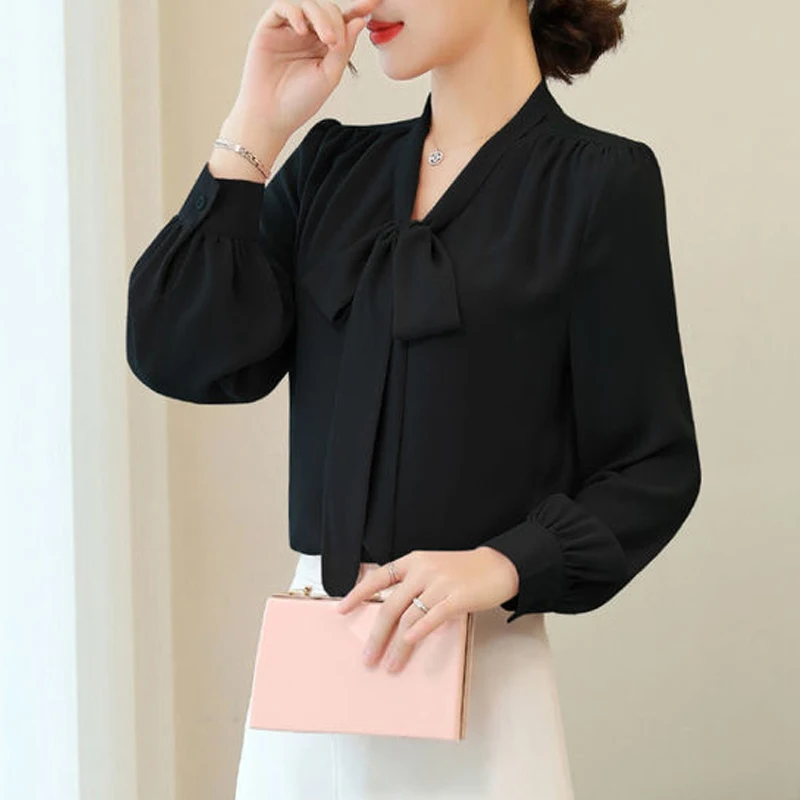 Spring Autumn Elegant Fashion Office Lady Button Up Shirt Chic Bow Solid Loose Long Sleeve Chiffon Blouse Top Women Blusas Mujer