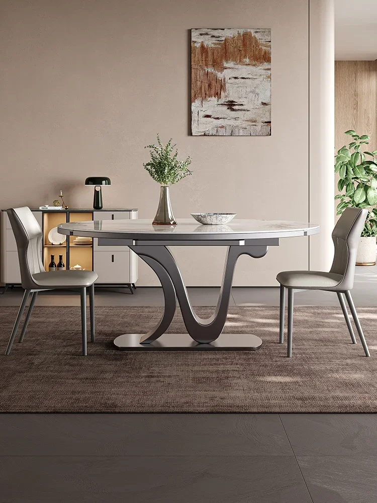 Rock slab dining table telescopic folding square and round dual-purpose with induction household modern light luxury round table