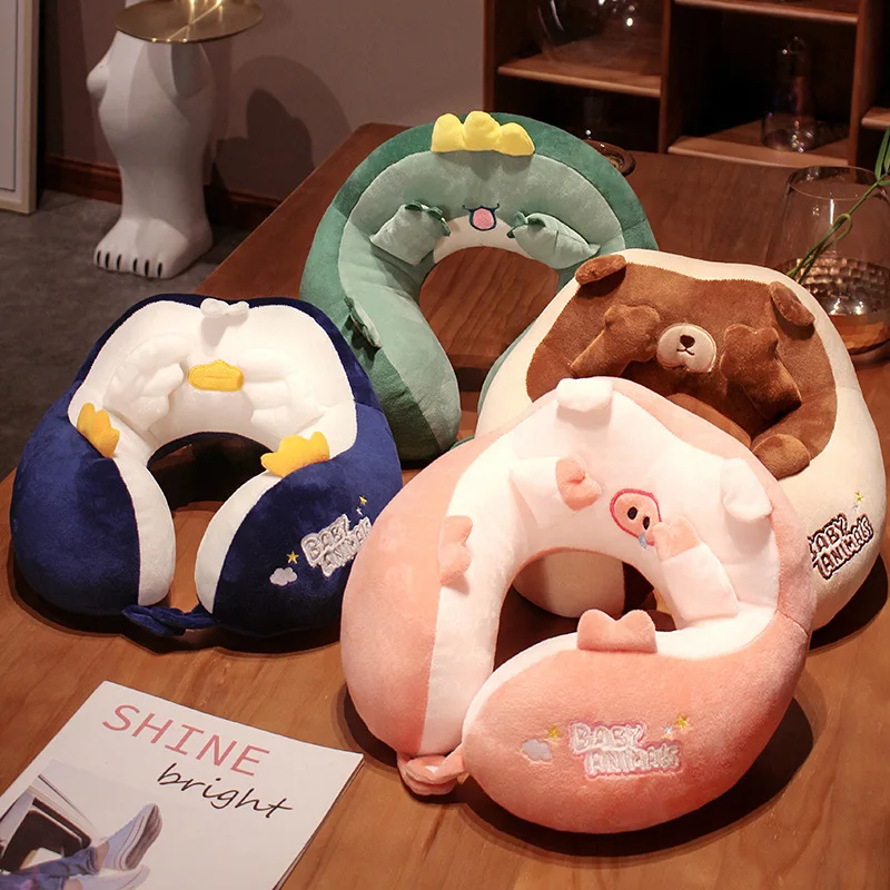 Almohada en forma de U de dibujos animados, espuma viscoelástica de felpa, almohada para siesta con forma de Animal, almohada portátil para estudiantes de oficina, almohada de viaje para el cuello